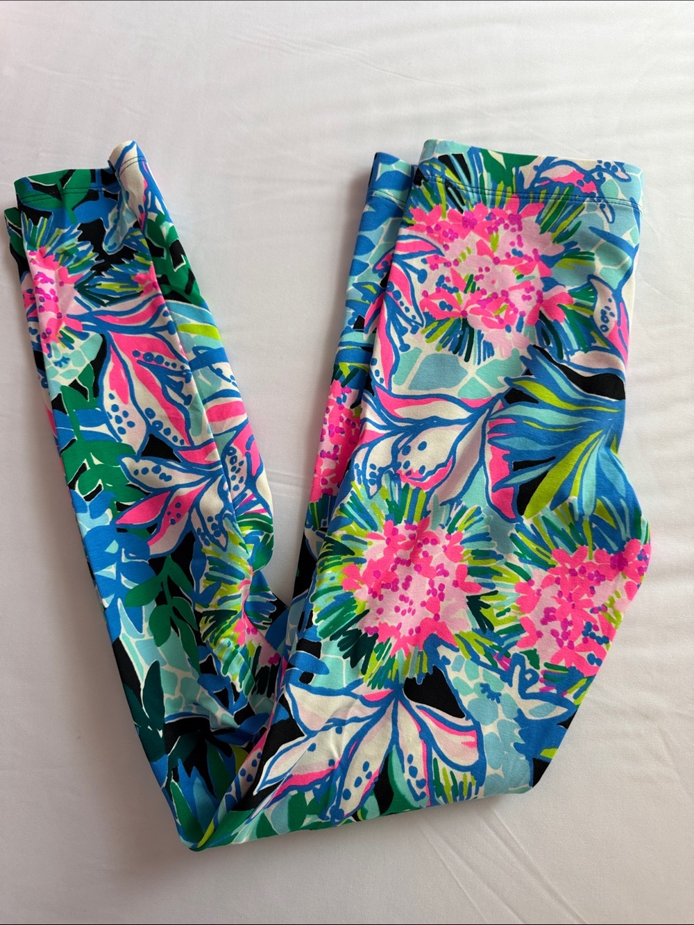 Floral Tropical Print Leggings in Bright Blue & Pink XL (12-14)